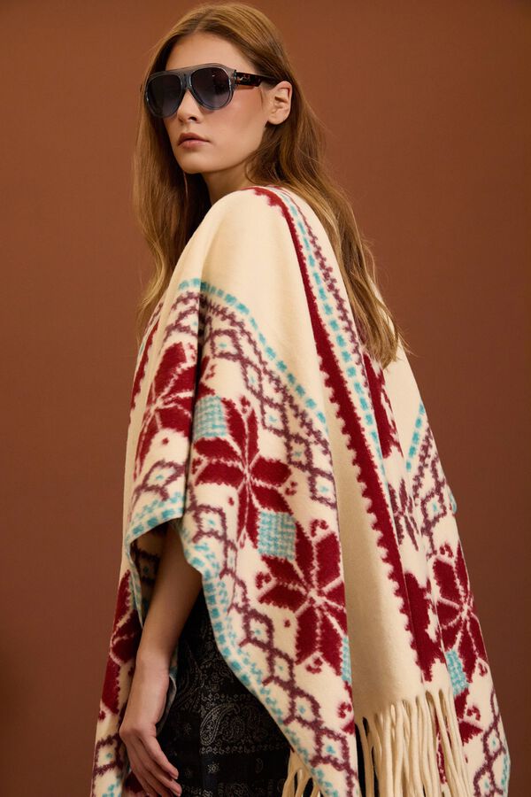 Meisie Poncho &eacute;tnico con flecos Estampado blanco