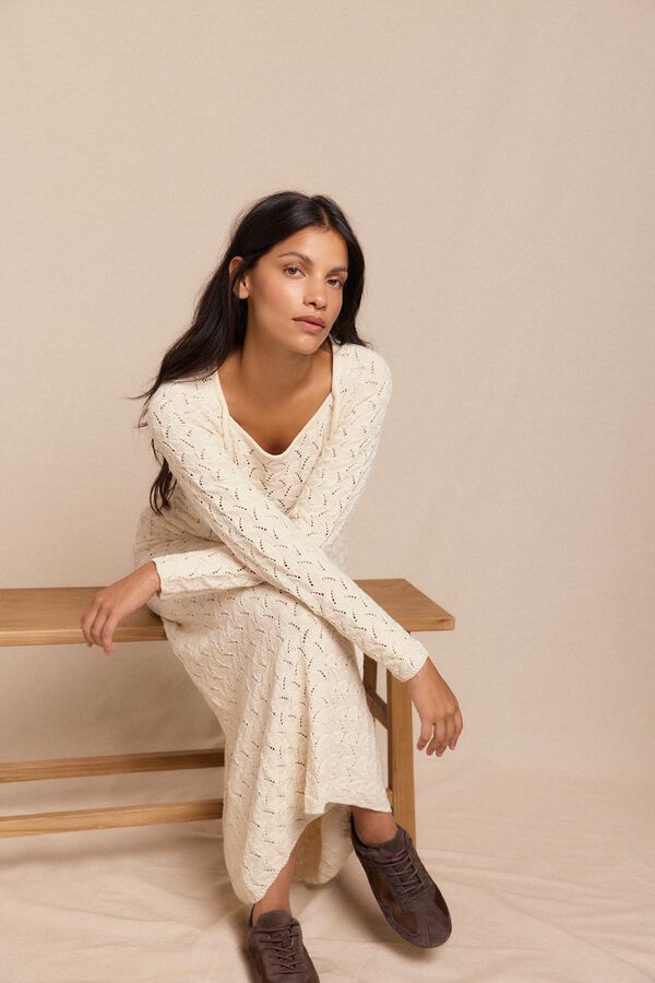 Slowlove Vestido punto calado multicolor Marfil