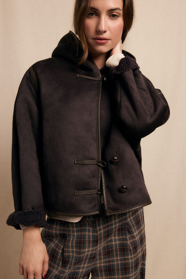 Slowlove Abrigo corto efecto doble faz capucha Marrón oscuro
