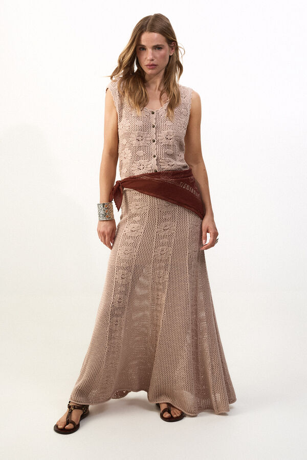 Slowlove Falda midi satinada con encaje Arena