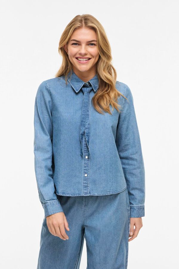 Vila Camisa vaquera con lazada en el cuello Azul