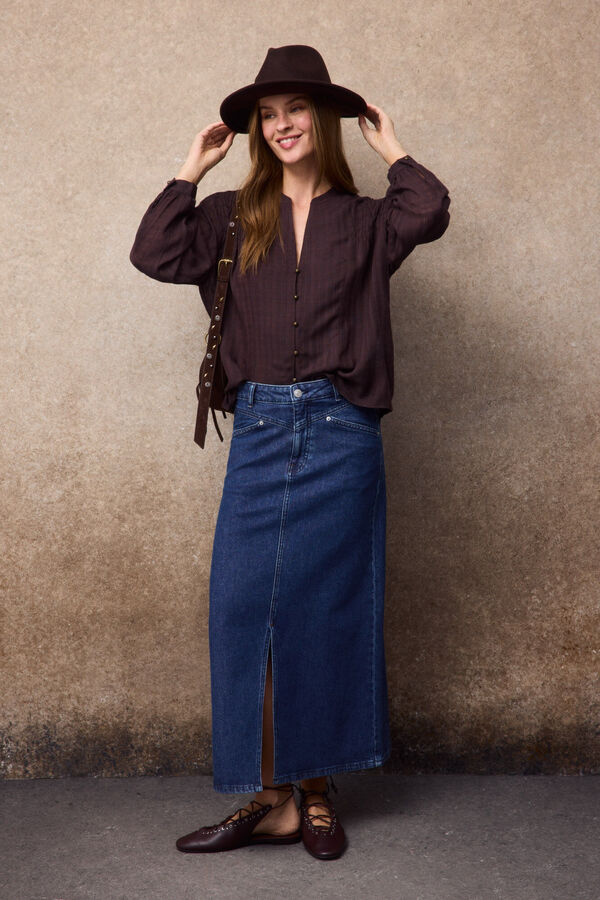 Slowlove Blusa frunce abullonada Marr&oacute;n oscuro