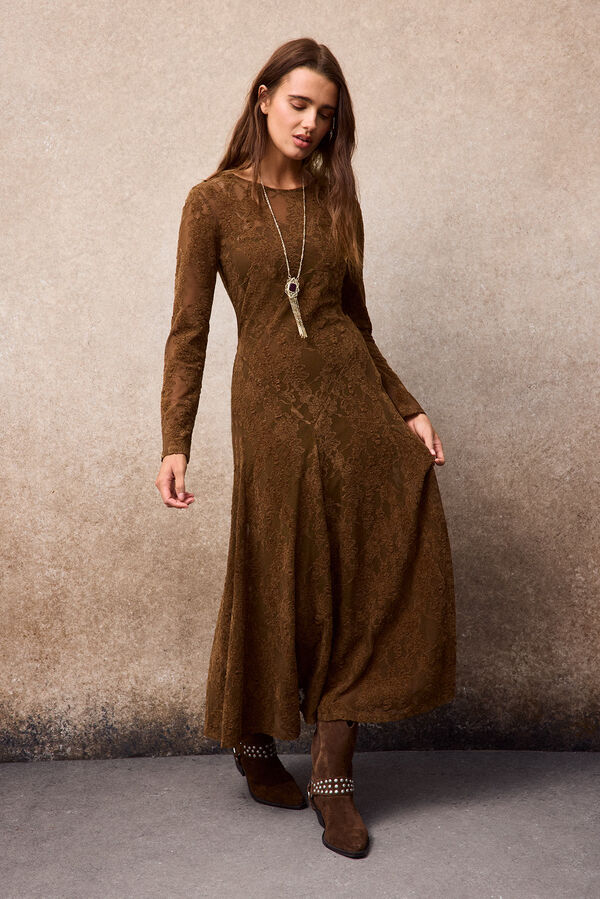 Slowlove Vestido encaje vuelo Camel