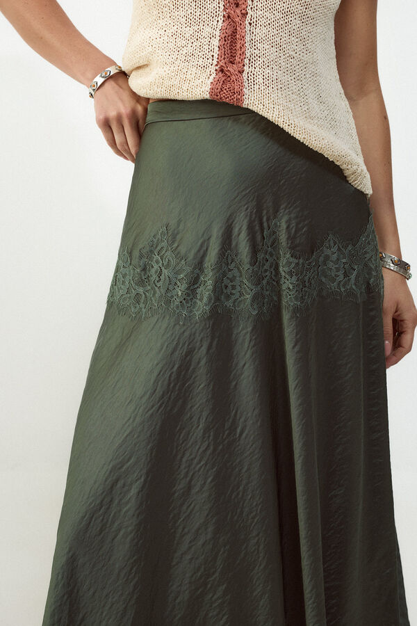 Slowlove Falda midi satinada con encaje Verde oscuro