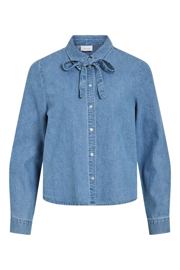 Vila Camisa vaquera con lazada en el cuello Azul