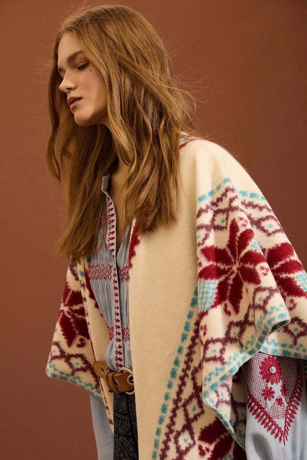 Meisie Poncho &eacute;tnico con flecos Estampado blanco