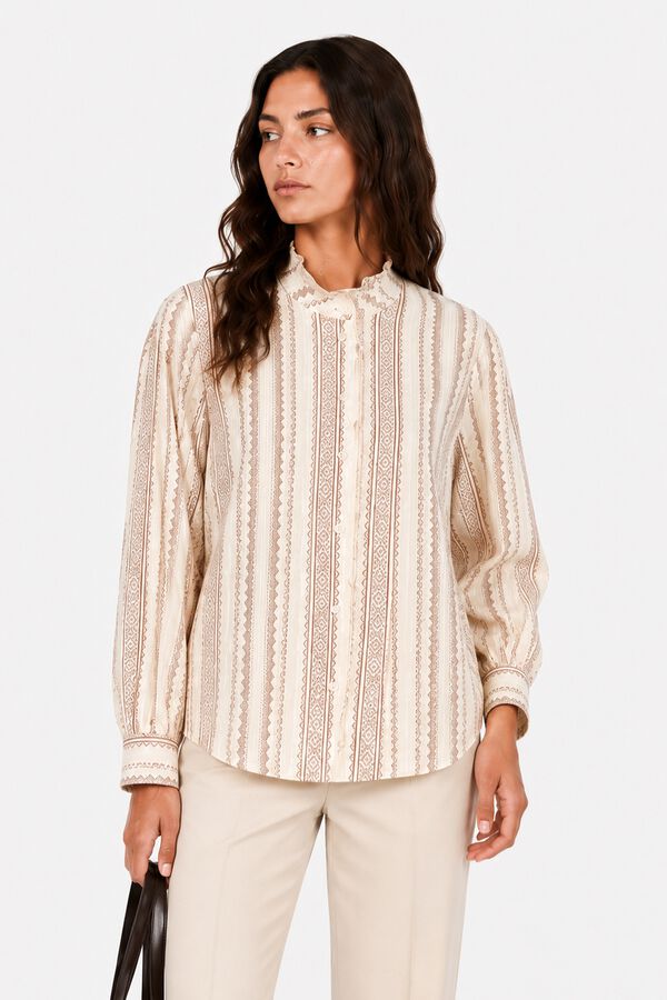 Vila Blusa estampada con cuello volante Beige