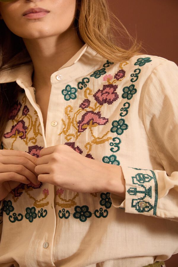 Meisie Camisa con bordado floral Beige