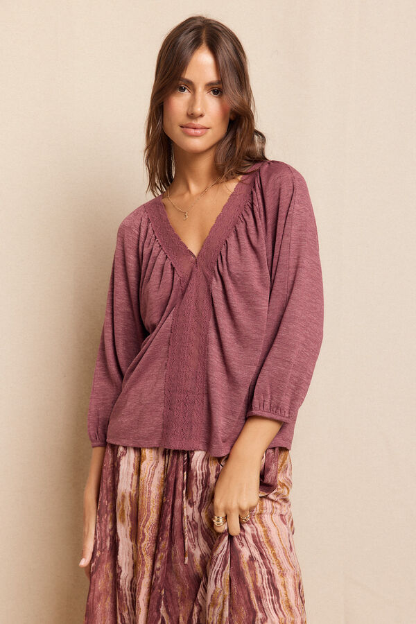 Slowlove Camiseta manga globo efecto r&uacute;stico Rosa