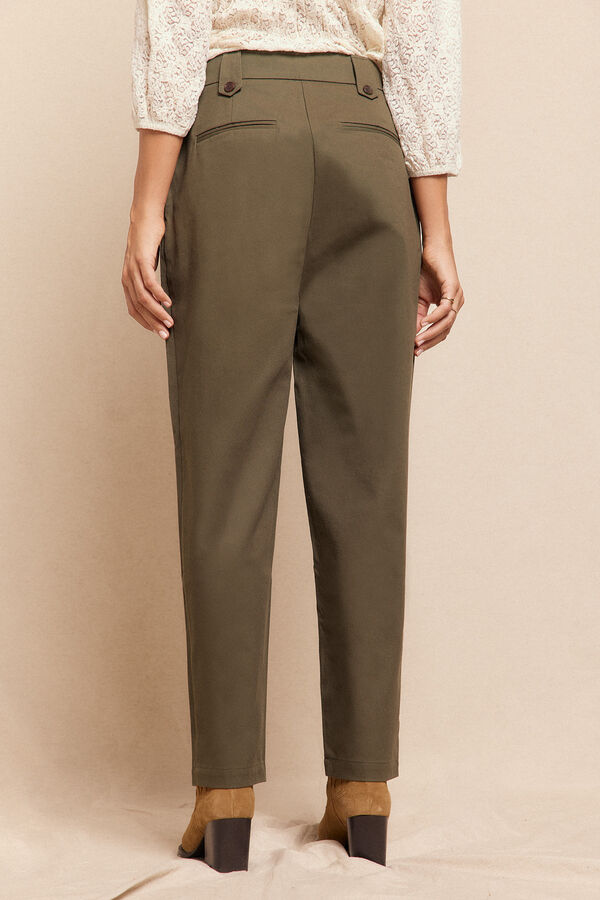 Slowlove Pantalón de sarga con pinzas trabillas para el cinturón bolsillos funcionales laterales pernera ancha cierre mediante cremallera oculta y botón Verde oscuro