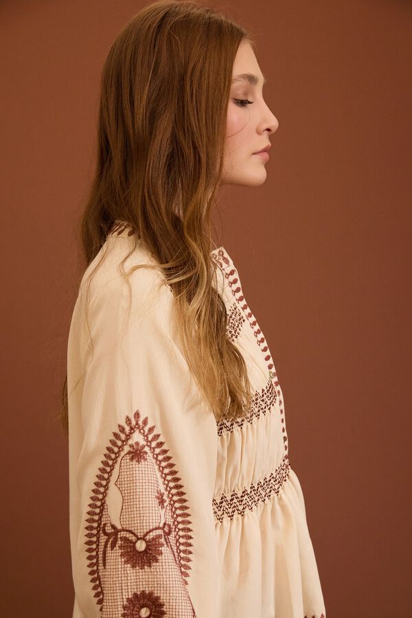 Meisie Blusa bordada con frunces Beige