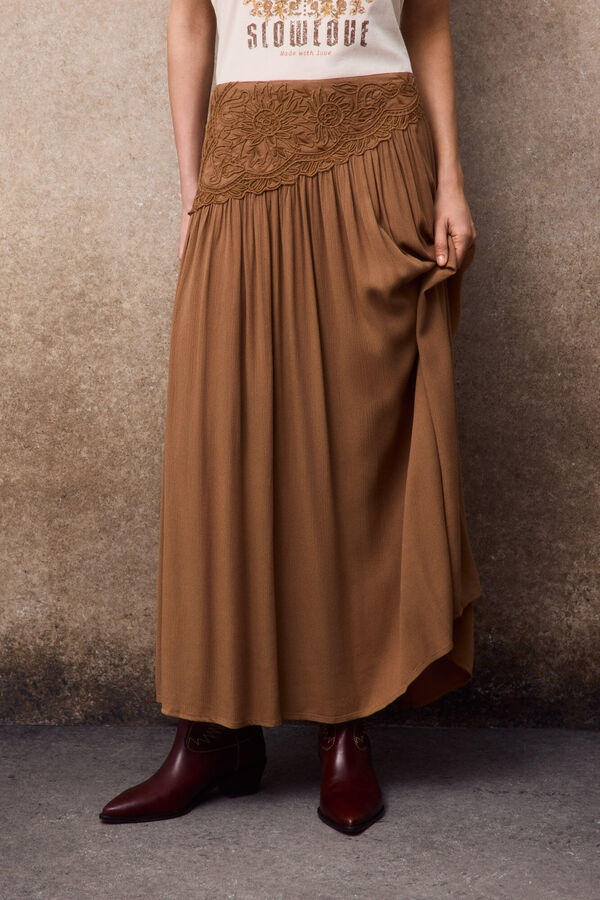 Slowlove Falda midi con bordado Beige