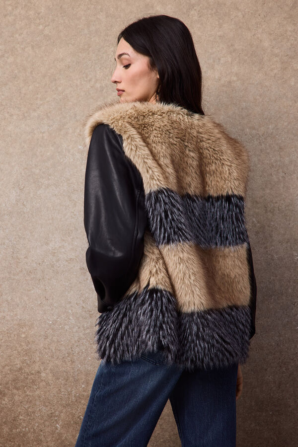 Slowlove Abrigo combinado efecto pelo y piel Negro