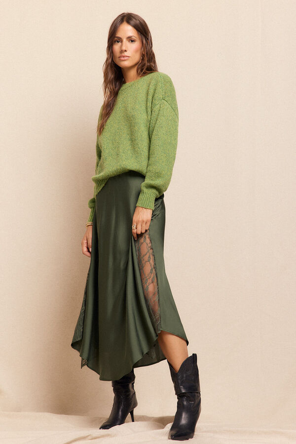 Slowlove Falda larga satinada con encaje Verde oscuro