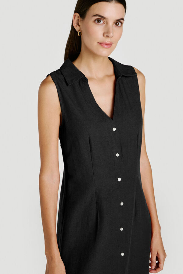 Vila Vestido midi camisero de lino Negro