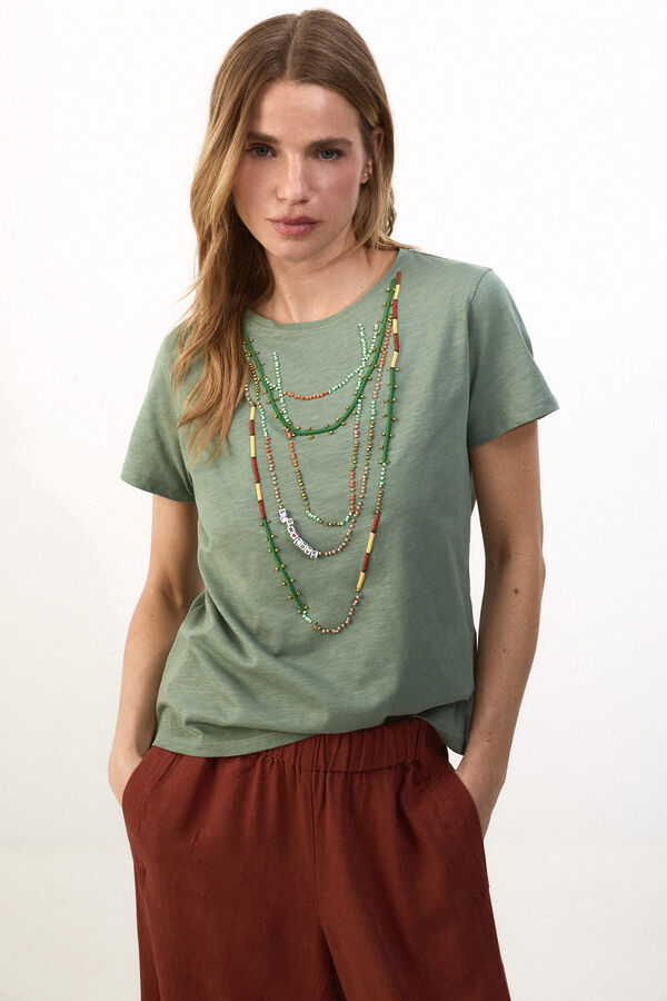 Slowlove Camiseta collar abalorios Kaki