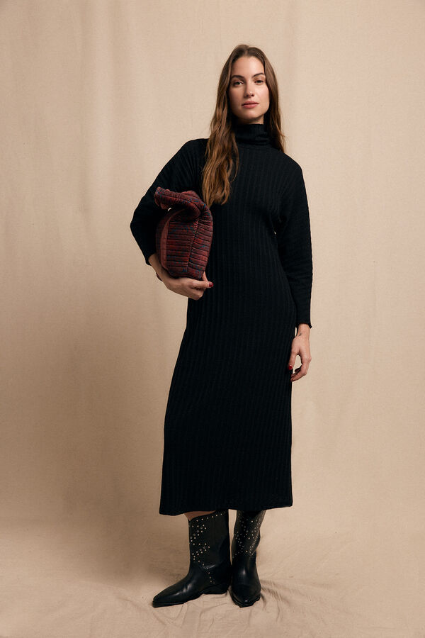 Slowlove Vestido cuello alto canalé Negro