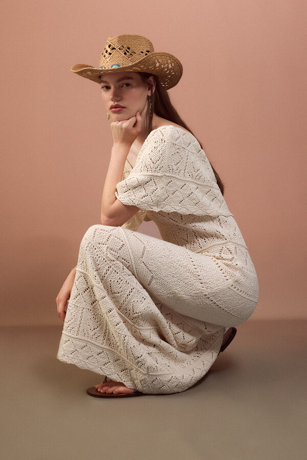 Slowlove Vestido calados volante Marfil