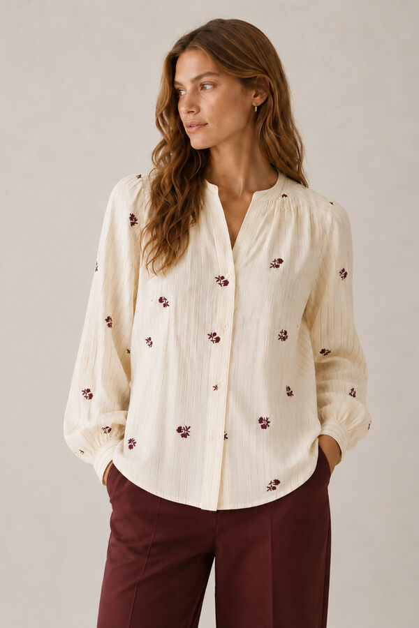 Vila Blusa fluida con bordados florales Beige