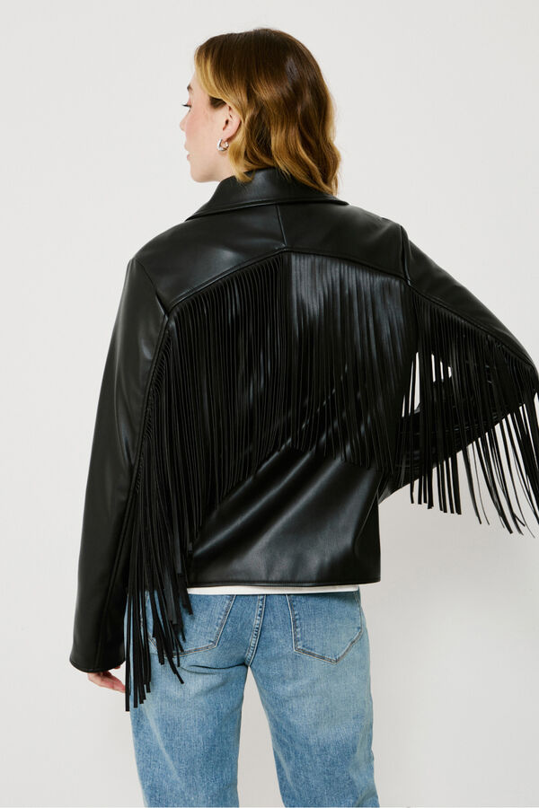 Vila Cazadora biker de polipiel con flecos Negro