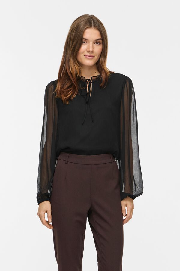 Vila Blusa semitransparente cuello fruncido Negro