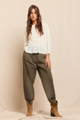 Slowlove Pantalón de sarga con pinzas trabillas para el cinturón bolsillos funcionales laterales pernera ancha cierre mediante cremallera oculta y botón Verde oscuro