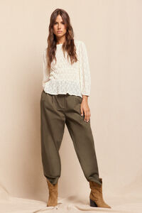 Slowlove Pantalón de sarga con pinzas trabillas para el cinturón bolsillos funcionales laterales pernera ancha cierre mediante cremallera oculta y botón