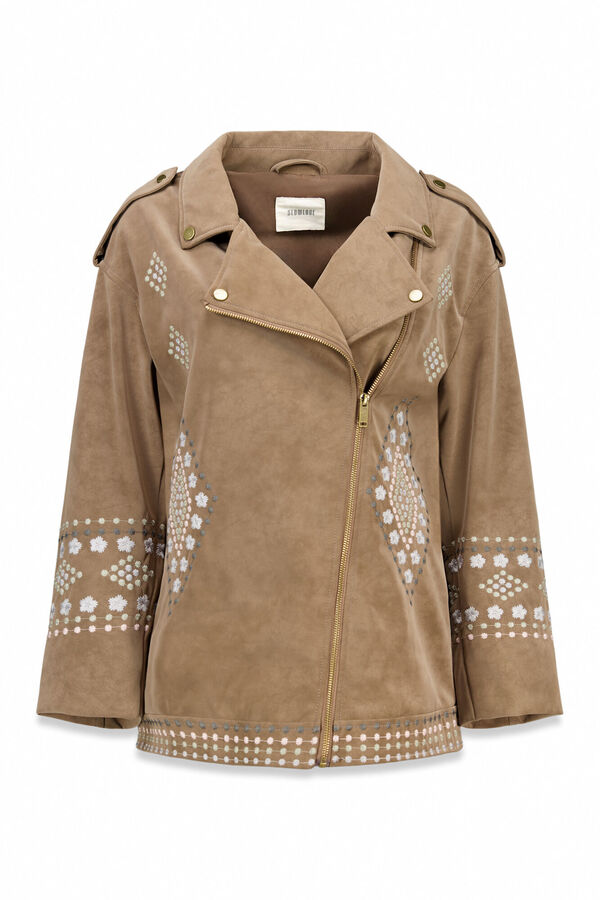 Slowlove Cazadora biker efecto piel bordada Beige