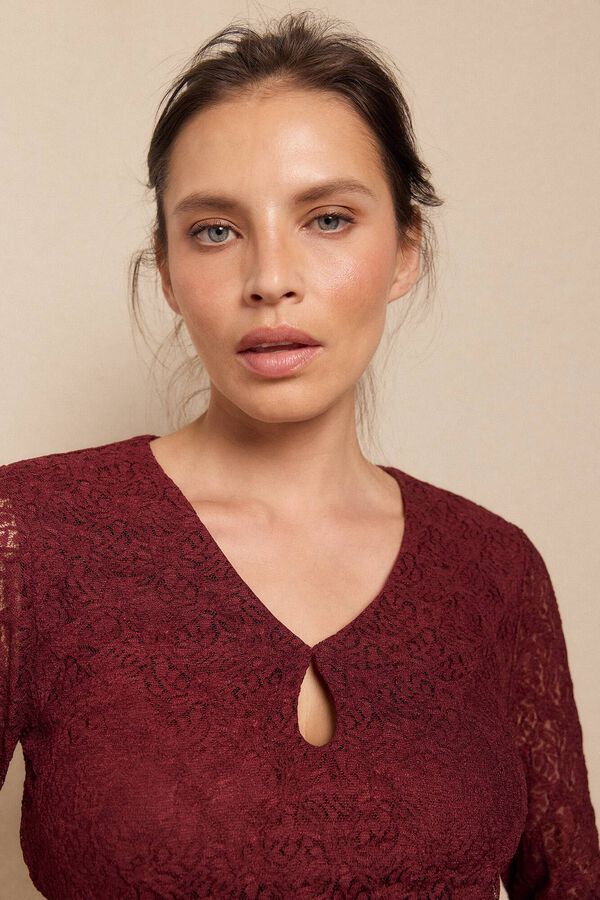 Slowlove Vestido encaje manga larga Vino