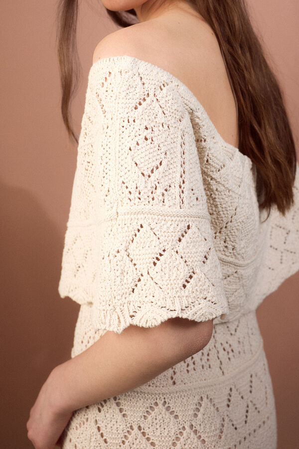 Slowlove Vestido calados volante Marfil