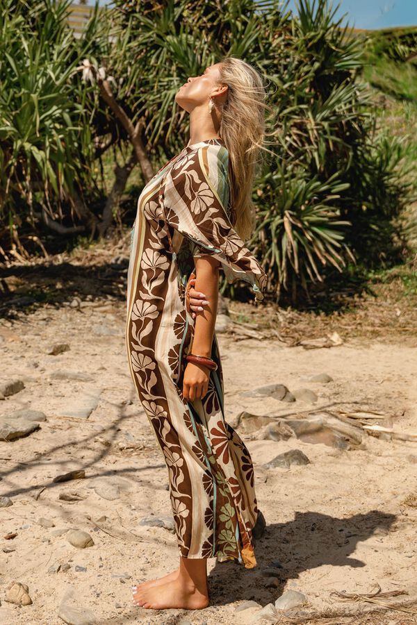 Jaase Vestido largo kaft&aacute;n Estampado marr&oacute;n