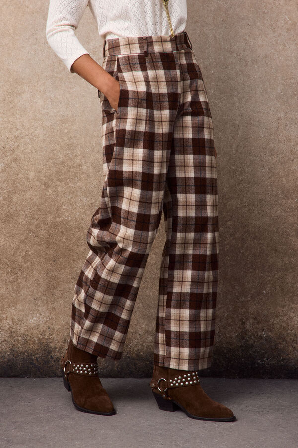 Slowlove Pantal&oacute;n corte barrel de cuadros Estampado marr&oacute;n