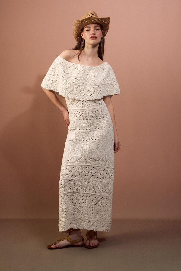 Slowlove Vestido calados volante Marfil