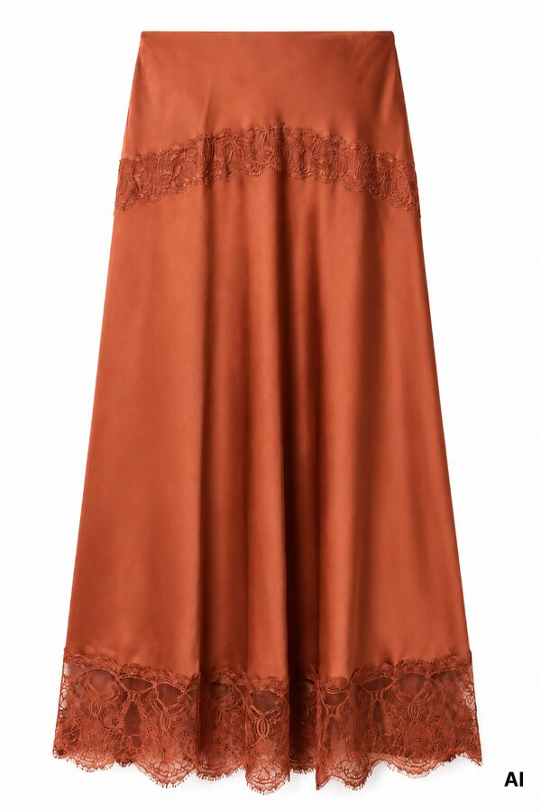Slowlove Falda midi de sat&eacute;n y encaje Coral