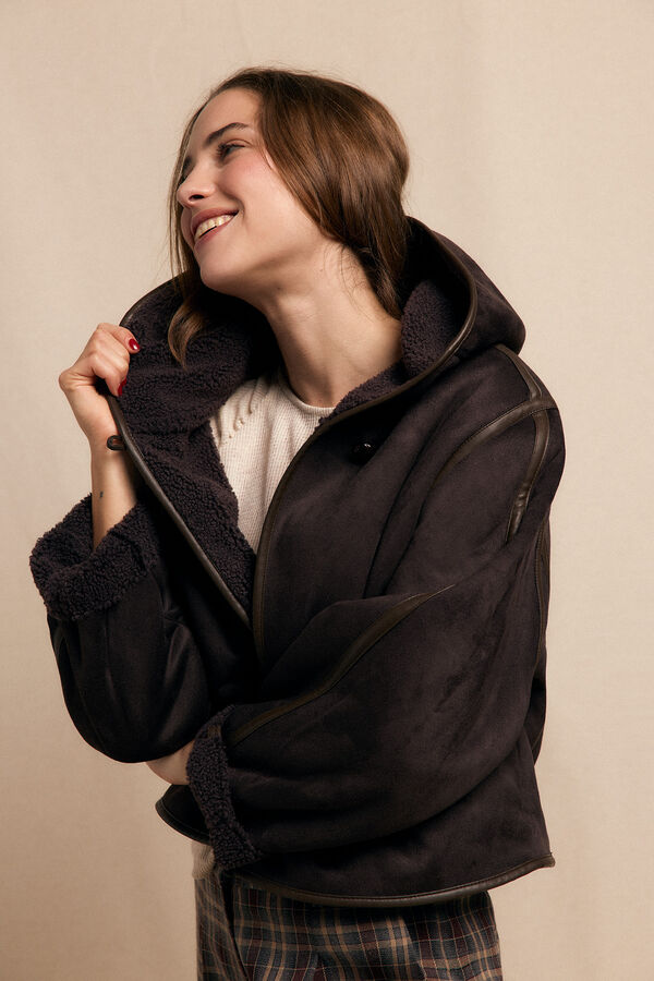 Slowlove Abrigo corto efecto doble faz capucha Marrón oscuro