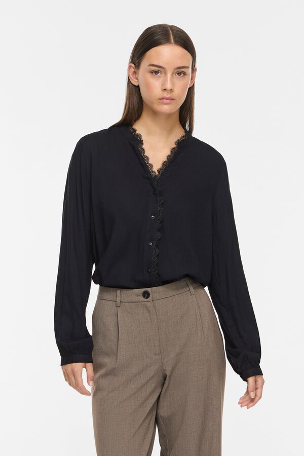 Vila Blusa con encaje y cuello en pico Negro
