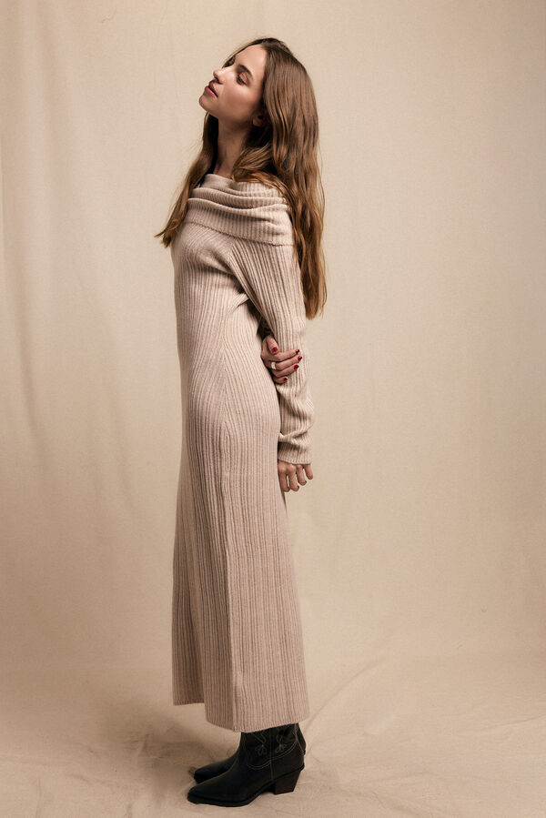 Slowlove Vestido punto cuello amplio Beige