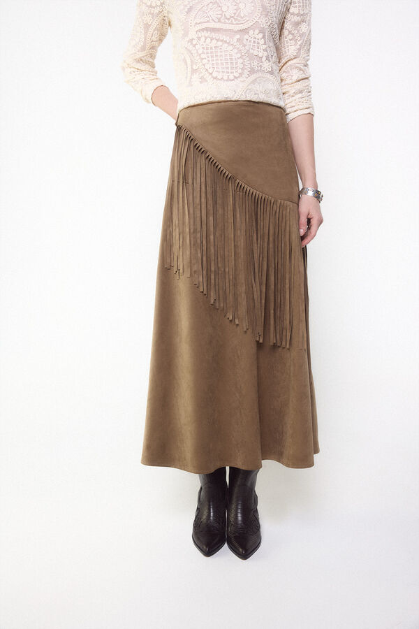 Slowlove Falda antelina con flecos Marr&oacute;n