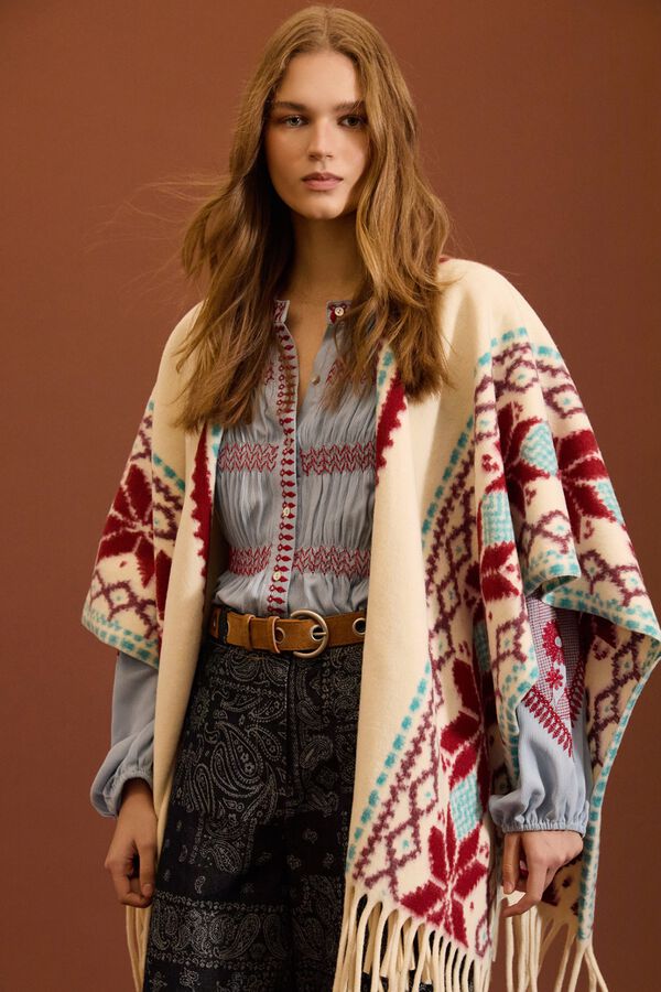 Meisie Poncho &eacute;tnico con flecos Estampado blanco