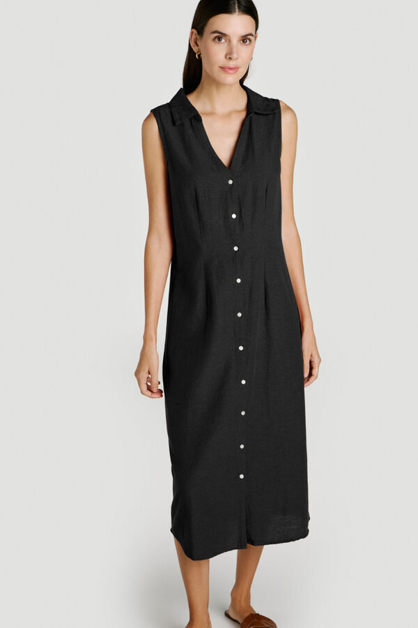 Vila Vestido midi camisero de lino Negro