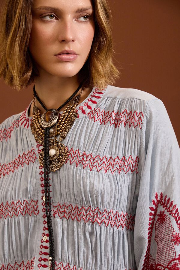 Meisie Blusa bordada con frunces Azul