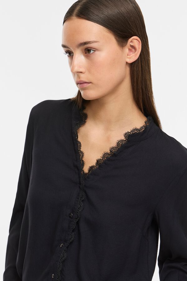 Vila Blusa con encaje y cuello en pico Negro