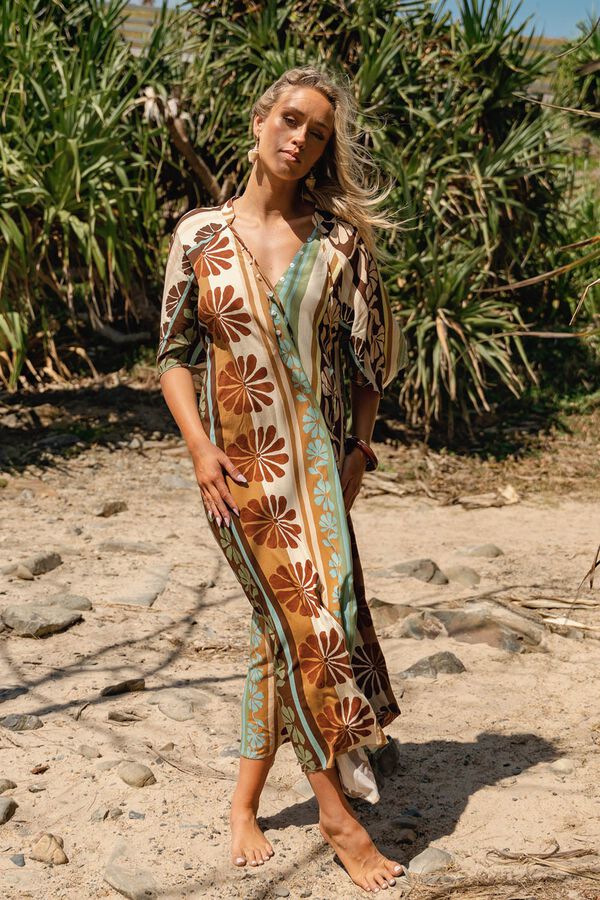 Jaase Vestido largo kaft&aacute;n Estampado marr&oacute;n