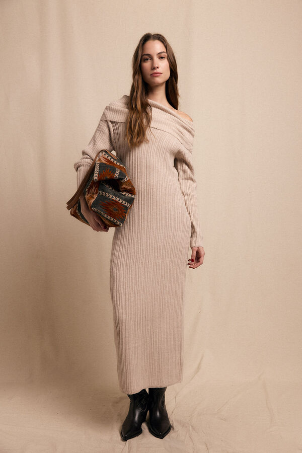 Slowlove Vestido punto cuello amplio Beige