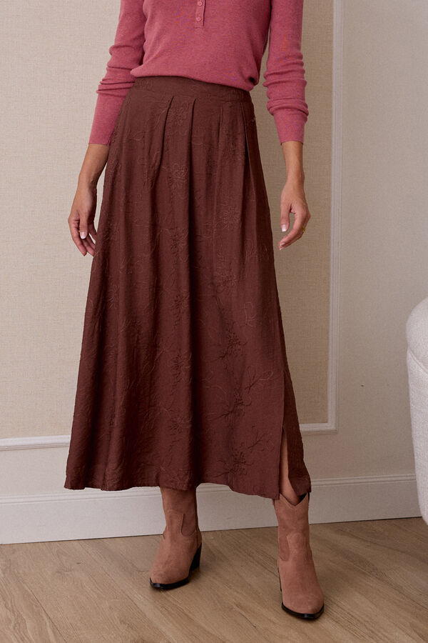 Pol&iacute;n Et Moi Falda midi bordada Marr&oacute;n