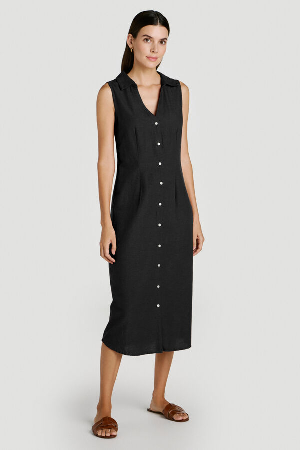 Vila Vestido midi camisero de lino Negro