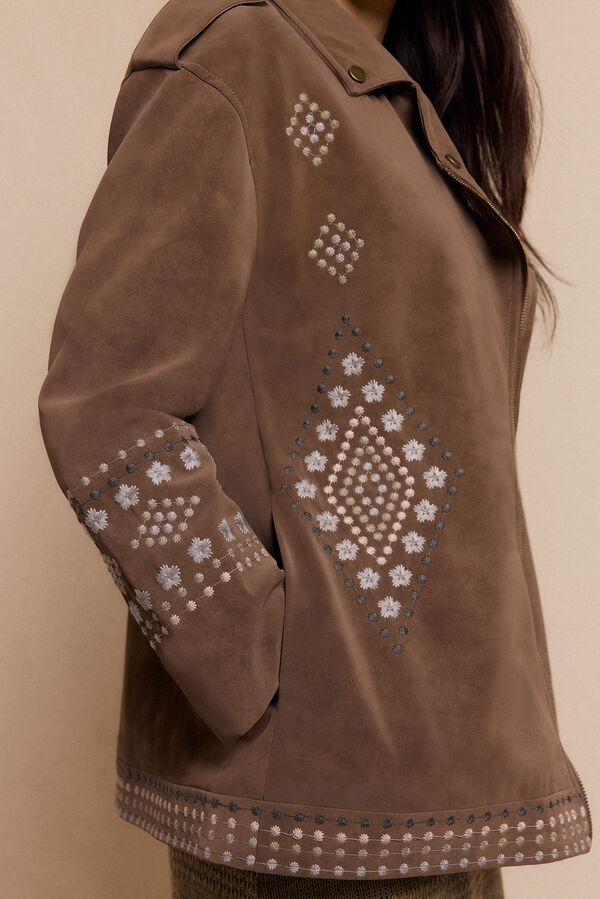 Slowlove Cazadora biker efecto piel bordada Beige