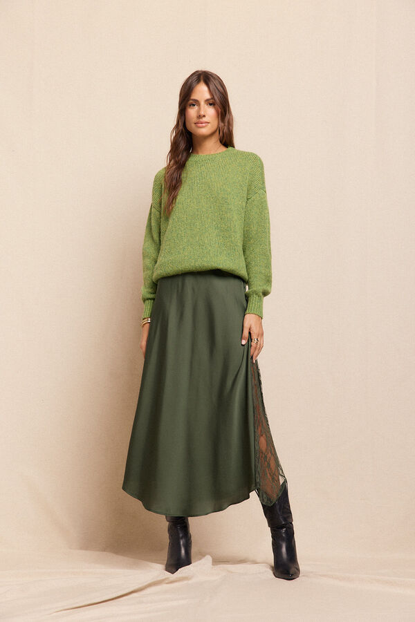 Slowlove Falda larga satinada con encaje Verde oscuro