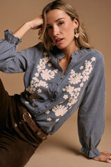 Pol&iacute;n Et Moi Camisa bordado cuadros Petroleo Azul