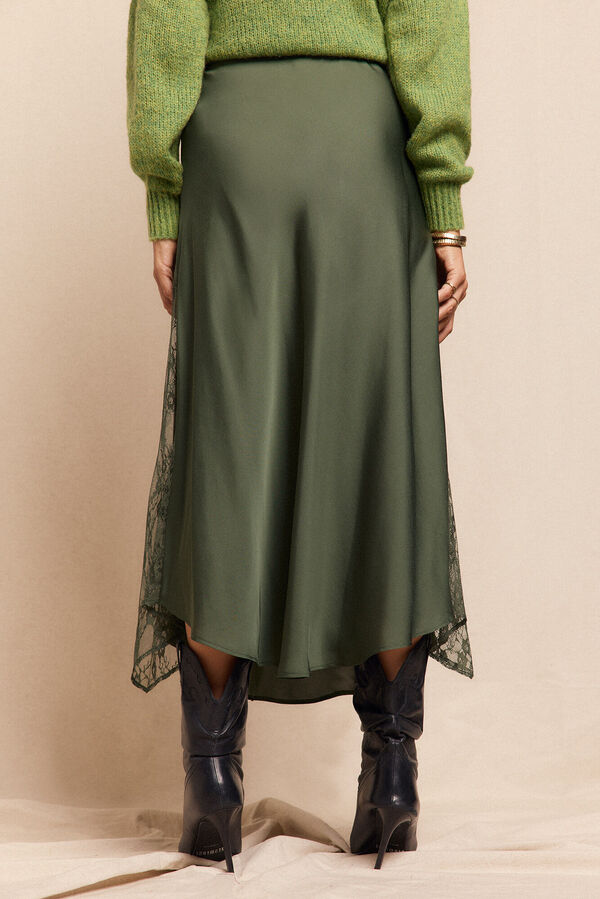 Slowlove Falda larga satinada con encaje Verde oscuro